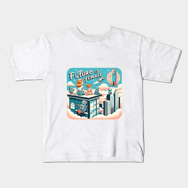 Future is Female -  Retro Futuristic Cityscape Kids T-Shirt by PuckDesign